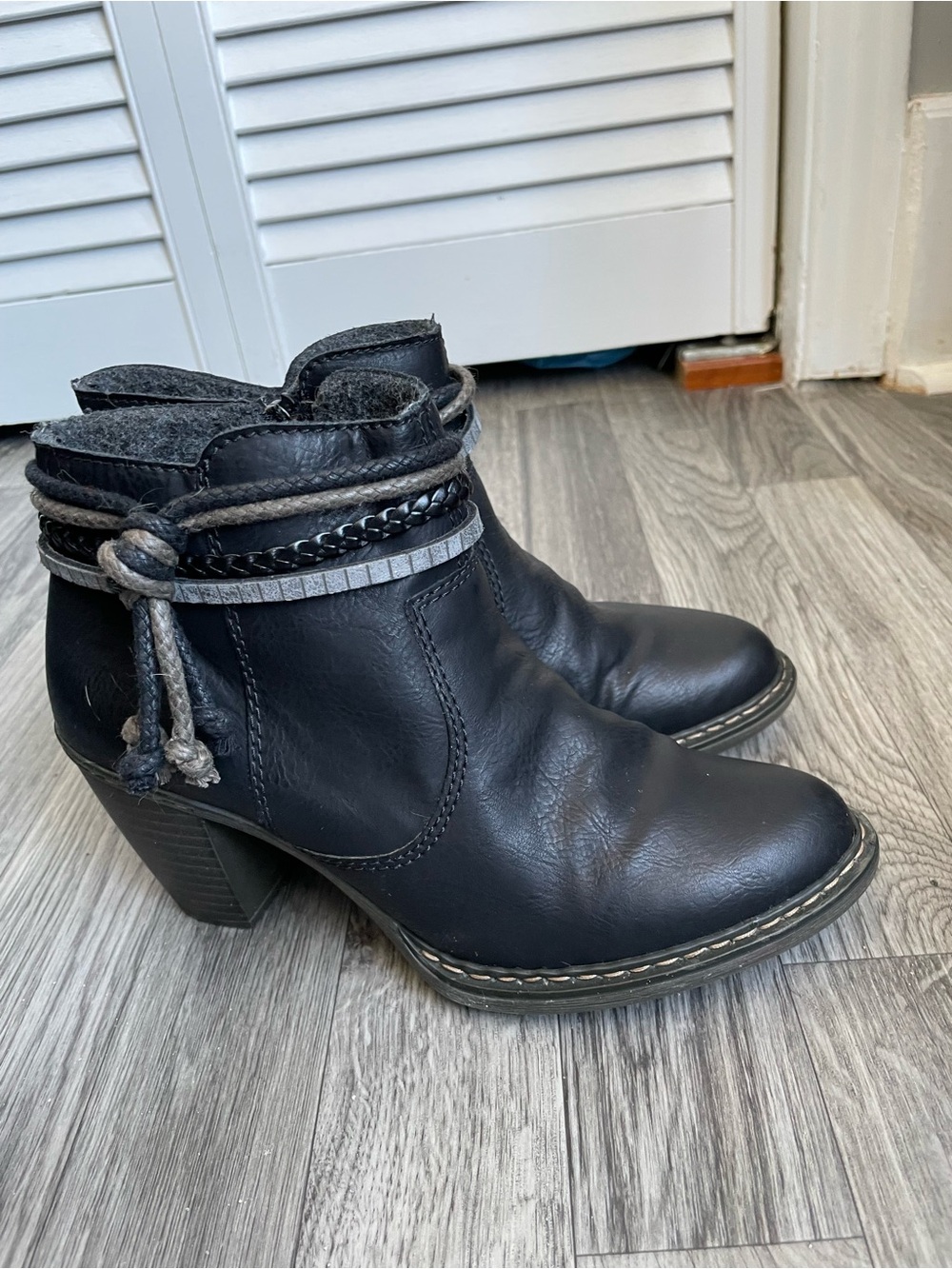 Rieker Black Leather Ankle Booties with Braided Strap Detail